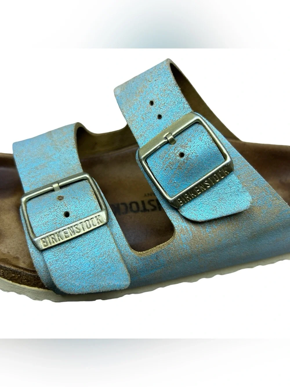 Birkenstock Womens Arizona Washed Metallic Aqua Suede Slides Sandals 38 EU/ 7 US